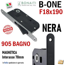 Carica l'immagine nel visualizzatore di Gallery, SERRATURA PORTA INTERNA MAGNETICA B-ONE BONAITI S905 BAGNO WC FRONTALE 18X190MM E50 INT70 NERO MATT BLACK NERA DOOR LOCK METAL interasse 7cm doppio quadro 6x6 8x8 48905050KE