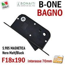 Carica l'immagine nel visualizzatore di Gallery, MAGNETIC INTERNAL DOOR LOCK B-ONE BONAITI S905 BATHROOM WC FRONT PANEL 18X190MM E50 INT70 MATT BLACK BLACK 7cm centre distance double square 6x6 8x8 489050KE
