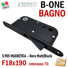 Carica l'immagine nel visualizzatore di Gallery, SERRATURA PORTA INTERNA MAGNETICA B-ONE BONAITI S905 BAGNO WC FRONTALE 18X190MM E50 INT70 NERO MATT BLACK NERA DOOR LOCK METAL interasse 7cm doppio quadro 6x6 8x8 48905050KE