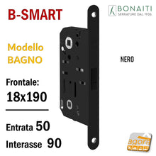 Carica l'immagine nel visualizzatore di Gallery, SERRATURA PORTA MAGNETICA B- SMART BONAITI D61 BAGNO FRONTALE 18X190MM E50 I90 F 190x18 wc toilet entrata 5cm interasse 9cm quadro in basso 6x6mm nera black matt 48D61050KE