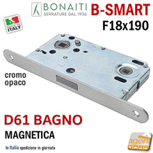 Load image into Gallery viewer, SERRATURA PORTA MAGNETICA B- SMART BONAITI D61 BAGNO FRONTALE 18X190MM E50 I90 CROMO OPACO f 190x18 wc toilet entrata 5cm interasse 9cm quadro in basso 6x6mm argento