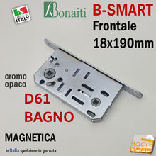 Load image into Gallery viewer, SERRATURA PORTA MAGNETICA B- SMART BONAITI D61 BAGNO FRONTALE 18X190MM E50 I90 CROMO OPACO f 190x18 wc toilet entrata 5cm interasse 9cm quadro in basso 6x6mm argento pronta consegna