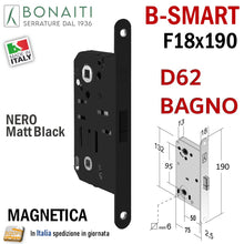 Carica l'immagine nel visualizzatore di Gallery, Serratura porta magnetica Bonaiti B Smart frontale 18x190mm entrata 50mm interasse 95 mm quadro 8 6 mm wc bagno toilet nera nero black 48D620500KE 48D62050KE