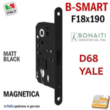 Load image into Gallery viewer, SERRATURA PORTA BONAITI MAGNETICA B-SMART D68 YALE F 18 X 190 MM 19CM ENTRATA 5 CM INTERASSE 85MM PER CILINDRO YALE SCROCCO CENTRALE DOPPIO 48D68050KE NERA MATT BLACK NERO