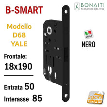 Load image into Gallery viewer, SERRATURA PORTA BONAITI MAGNETICA B-SMART D68 YALE F 18 X 190 MM 19CM X 1,8 ENTRATA 5 CM INTERASSE 85MM PER CILINDRO YALE SCROCCO CENTRALE DOPPIO 48D68050KE NERA MATT BLACK NERO