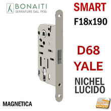 Load image into Gallery viewer, SERRATURA PORTA BONAITI MAGNETICA B-SMART D68 YALE FRONTALE 190 X 18 MM 19CM ENTRATA 50 MM INTERASSE 85MM PER CILINDRO YALE SCROCCO CENTRALE DOPPIO 48D68050)E NICHEL LUCIDO