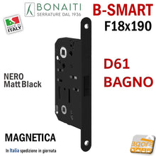 Carica l'immagine nel visualizzatore di Gallery, SERRATURA PORTA MAGNETICA B- SMART BONAITI D61 BAGNO FRONTALE 18X190MM E50 I90 F 190x18 wc toilet entrata 5cm interasse 9cm quadro in basso 6x6mm nera black matt