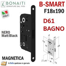Carica l'immagine nel visualizzatore di Gallery, SERRATURA PORTA MAGNETICA B- SMART BONAITI D61 BAGNO FRONTALE 18X190MM E50 I90 F 190x18 wc toilet entrata 5cm interasse 9cm quadro in basso 6x6mm nera black matt 48D61050KE