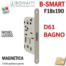 Load image into Gallery viewer, SERRATURE PER PORTA MAGNETICHE SMART BONAITI D61 BAGNO WC FRONTALE 18X190MM E50 I90 NICHEL LUCIDO F 190x18 wc toilet entrata 5cm interasse 9cm quadro in basso 6x6mm