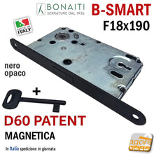 Load image into Gallery viewer, SERRATURA PORTA MAGNETICA B-SMART BONAITI D60 CHIAVE PATENT FRONTALE 18X190MM E50 I90 frontalino 190x18 NERO OPACO MATT BLACK