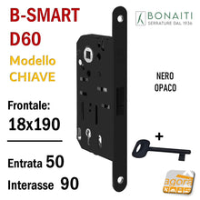 Load image into Gallery viewer, SERRATURA PORTA MAGNETICA B-SMART BONAITI D60 CHIAVE PATENT FRONTALE 18X190MM E50 I90 frontalino 190x18 NERO OPACO MATT BLACK 48D60150KE