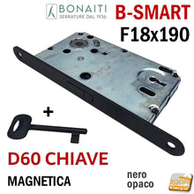 Load image into Gallery viewer, SERRATURA PORTA MAGNETICA SMART BONAITI D 60 CHIAVE PATENT FRONTALE 18X190MM E50 I90 frontalino 190x18 NERO OPACO MATT BLACK