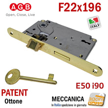 Carica l'immagine nel visualizzatore di Gallery, SERRATURA PORTA PATENT FRONTALE 22x196mm AGB CENTRO E50 INT90 OTTONE LUC F196x22 chiave normale con chiavistello