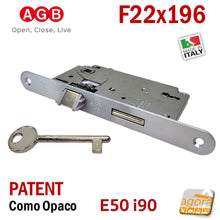 Carica l'immagine nel visualizzatore di Gallery, SERRATURA PORTA PATENT FRONTALE 22x196mm AGB CENTRO E50 INT90 cromo opaco cromato satinato F196x22 chiave normale con chiavistello F22 scrocco e catenaccio entrata 50mm 5cm interasse 90mm 9cm