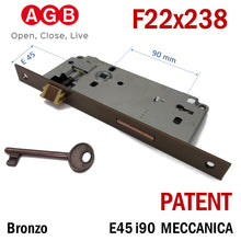 Carica l'immagine nel visualizzatore di Gallery, Art.115050A - SERRATURA PER PORTA AGB PATENT FRONTALE RETTANGOLARE F22X238 BRONZO MODELLO 592 Entrata 45 mm Interasse 90mm e4,5cm i9cm
