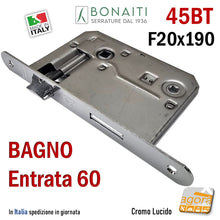 Load image into Gallery viewer, Serratura porta bagno Bonaiti 045BT 45BT 045T Frontale bordo tondo 190 mm 19 cm Interasse 70 mm Entrata 60 mm WC Bagno 48045060CE