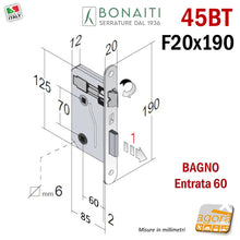Load image into Gallery viewer, Serratura porta Bonaiti 045BT 45BT 045T Frontale bordo tondo 20x190mm Interasse 70 mm Entrata 60 mm WC Bagno 48045060