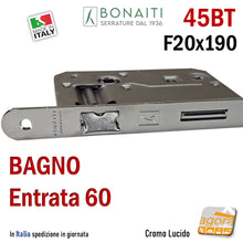 Load image into Gallery viewer, Serratura porta bagno Bonaiti 045BT 45BT 045T Frontale bordo tondo 20 x 190 mm Interasse 70 mm Entrata 60 mm WC Bagno 48045060