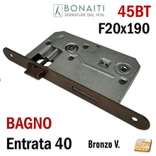 Carica l'immagine nel visualizzatore di Gallery, SERRATURA PORTA FRONTALE 20x190mm TONDO E40 I70 BONAITI 45T BRONZO BAGNO PICCOLA WC DOPPIO QUADRO frontale 19cm x 2cm entrata 4cm e40mm interasse 7cm quadro 8x8 045BT 48045040+E bronzata verniciata marrone scuro