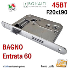 Load image into Gallery viewer, Serratura porta Bonaiti 045BT 45BT 045T Frontale bordo tondo 20x190mm Interasse 70mm Entrata 60mm 48045060CE WC Bagno 48045060CE