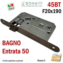 Carica l'immagine nel visualizzatore di Gallery, SERRATURA PORTA FRONTALE 20x190mm TONDO E50 I70 BONAITI 45T BRONZO BAGNO PICCOLA WC DOPPIO QUADRO interasse 70mm corpo 125mm x 75mm marrone