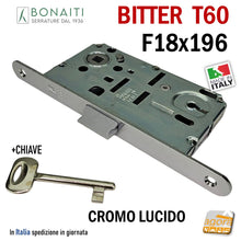 Load image into Gallery viewer, SERRATURA PORTA PATENT FRONTALE 18x196mm BONAITI B-BITTER T60 CROMO LUCIDO entrata E 50 mm Interasse I 90 mm 48T60150CE IDOOR meccanica 19,6cm entrata 5cm