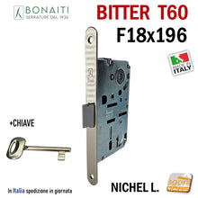 Load image into Gallery viewer, SERRATURA PORTA PATENT FRONTALE 18x196mm BONAITI B-BITTER T60 CROMO nichel lucido nikel entrata E 50 mm Interasse I 90 mm 48T60150)3 IDOOR meccanica 19,6cm entrata 5cm