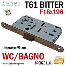 Carica l'immagine nel visualizzatore di Gallery, SERRATURA PORTA FRONTALE 18x196 E50 I90 BONAITI B-BITTER BITTER T61 MONETA LIBERO/OCC WC BAGNO BRONZO LUCIDO ANTICATO interasse doppio quadro 9cm 90mm entrata 5cm 50mm reversibile scrocco centrale meccanico in nylon