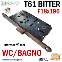 Carica l'immagine nel visualizzatore di Gallery, SERRATURA PORTA FRONTALE 18x196 E50 I90 BONAITI B-BITTER BITTER T61 MONETA LIBERO/OCC WC BAGNO BRONZO VERNICIATO interasse doppio quadro 9cm 90mm entrata 5cm 50mm reversibile scrocco centrale meccanico in nylon bronzata bronzo roto