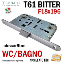 Carica l'immagine nel visualizzatore di Gallery, SERRATURA PORTA FRONTALE 18x196 E50 I90 BONAITI B-BITTER BITTER T61 MONETA LIBERO/OCC WC BAGNO NICHELATOLUCIDO interasse doppio quadro 9cm 90mm entrata 5cm 50mm reversibile scrocco centrale meccanico in nylon nichel nikel