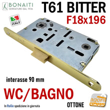 Carica l'immagine nel visualizzatore di Gallery, SERRATURA PORTA FRONTALE 18x196 E50 I90 BONAITI B-BITTER BITTER T61 MONETA LIBERO/OCC WC BAGNO OTTONE LUCIDO interasse doppio quadro 9cm 90mm entrata 5cm 50mm reversibile scrocco centrale meccanico in nylon Ottonata