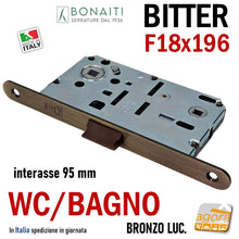 Carica l'immagine nel visualizzatore di Gallery, SERRATURA PORTA FRONTALE 18x196 E50 I95 BONAITI BITTER T62 BRONZO WC BAGNO MONETA BRONZATA entrata 5cm interasse 9,5cm f 196mm bronzo anticato lucido satinato