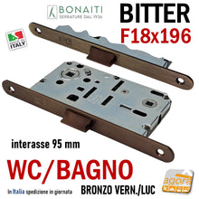 Carica l'immagine nel visualizzatore di Gallery, SERRATURA PORTA FRONTALE 18x196 E50 I95 BONAITI BITTER T62 BRONZO WC BAGNO MONETA BRONZATA entrata 5cm interasse 9,5cm f 196mm bronzo anticato lucido satinato bronzata verniciata