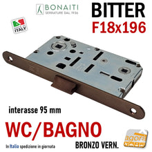 Carica l'immagine nel visualizzatore di Gallery, SERRATURA PORTA FRONTALE 18x196 E50 I95 BONAITI BITTER T62 BRONZO WC BAGNO MONETA BRONZATA entrata 5cm interasse 9,5cm f 196mm bronzata verniciata