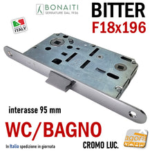 Load image into Gallery viewer, SERRATURA PORTA FRONTALE 18x196 E50 I95 BONAITI BITTER T62 CROMO LUCIDO WC BAGNO MONETA cromata lucida entrata 5cm interasse 9,5cm f 196mm