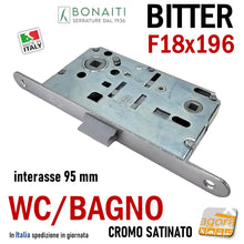 Carica l'immagine nel visualizzatore di Gallery, SERRATURA PORTA FRONTALE 18x196 E50 I95 BONAITI BITTER T62 CROMO SAT WC BAGNO MONETA cromata satinata entrata 5cm interasse 9,5cm f 196mm