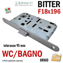 Load image into Gallery viewer, SERRATURA PORTA FRONTALE 18x196 E50 I95 BONAITI BITTER T62 CROMO SAT WC BAGNO MONETA cromata satinata entrata 5cm interasse 9,5cm f 196mm grigio verniciato