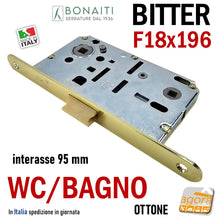 Load image into Gallery viewer, SERRATURA PORTA FRONTALE 18x196 E50 I95 BONAITI BITTER T62 Ottone lucido WC BAGNO MONETA entrata 5cm interasse 9,5cm f 196mm ottonata 19,6 cm