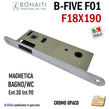 Carica l'immagine nel visualizzatore di Gallery, serratura porta magnetica Bonaiti FIVE F01 bagno wc doppio quadro frontale 190x18mm entrata 30mm interasse 90mm 48F010309E cromo opaco nichel lucido