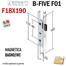 Carica l'immagine nel visualizzatore di Gallery, serratura porta magnetica Bonaiti FIVE F01 bagno wc doppio quadro frontale 190x18mm entrata 30mm interasse 90mm 48F010309E cromo opaco nichel lucido frontale 19cm argento