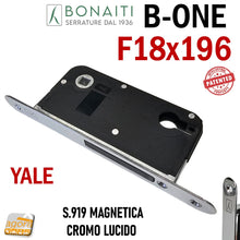 Carica l'immagine nel visualizzatore di Gallery, SERRATURA PER PORTA BONAITI YALE F18X196 Modello B - ONE S 919 CROMO LUCIDO Entrata 50mm INTERASSE 85 YALE per cilindro frontale 196mm 48919050CE magnetica