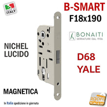 Load image into Gallery viewer, SERRATURA PORTA BONAITI MAGNETICA B-SMART D68 YALE FRONTALE 18X190MM 19CM ENTRATA 50 MM INTERASSE 85MM PER CILINDRO YALE SCROCCO CENTRALE DOPPIO 48D68050)E NICHEL LUCIDO