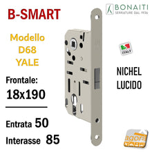 Load image into Gallery viewer, SERRATURA PORTA BONAITI MAGNETICA B-SMART D68 YALE F 18 X 190 MM 19CM ENTRATA 5 CM INTERASSE 85MM PER CILINDRO YALE SCROCCO CENTRALE DOPPIO 48D68050)E NICHEL LUCIDO
