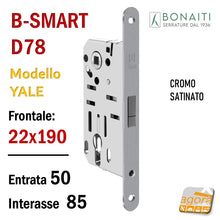Load image into Gallery viewer, SERRATURA PER PORTA B-SMART BONAITI CILINDRO YALE F22X190 Modello D78 CROMO SATINATO E50 INT.85 satinata frontale cm 19 x 2,2 48D780508E magnetica