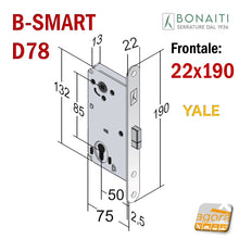 Load image into Gallery viewer, SERRATURA PER PORTA B-SMART BONAITI CILINDRO YALE F22X190 Modello D78 CROMO SATINATO E50 INT.85 satinata frontale cm 19 x 2,2 48D7805083 magnetica