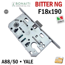 Carica l'immagine nel visualizzatore di Gallery, Serratura Porta Bonaiti Bitter NG Frontale 18x190mm 190x18 A88 YALE Entrata 50 Interasse 85 mm Cromo Opaco solo scrocco linguetta in mezzo centrale per cilindro