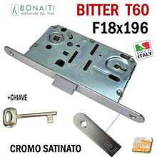 Load image into Gallery viewer, SERRATURA PORTA PATENT FRONTALE 18x196mm BONAITI B-BITTER T60 CROMO SATINATO entrata E 50 mm Interasse I 90 mm 48T6015083 IDOOR meccanica 19,6cm entrata 5cm