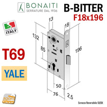 Carica l'immagine nel visualizzatore di Gallery, Serratura Porta Bonaiti B- Bitter T69 meccanica YALE eurocilindro scrocco centrale plastica Frontale 196x18mm F18x196 Entrata 50mm Interasse 85mm 48T69050