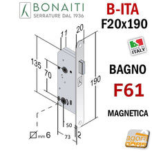 Carica l'immagine nel visualizzatore di Gallery, SERRATURA PORTA INTERNA MAGNETICA B-ITA BONAITI F61 FRONTALE 20X190MM E50 I70 BAGNO CROMO OPACO F 190x20