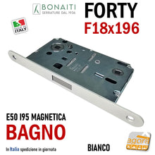 Carica l'immagine nel visualizzatore di Gallery, Serratura porta interna bagno wc toilet Bonaiti N67 Forty B-Forty magnetica frontale 196x18mm entrata 50mm 5cm interasse 95mm i 9,5cm scrocco centrale in plastica a filo reversibile doppio quadrotto 8x8 e 6x6mm in basso 48N67050AE BIANCO OPACO BIANCA Matt White